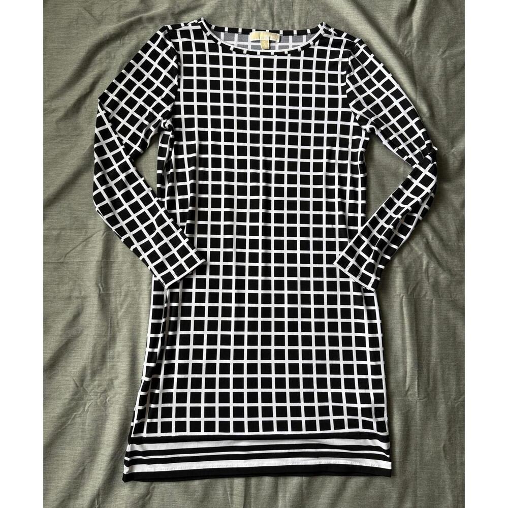 MICHAEL Kors Womens Size M Black and White Midi Long Slv Print Matte Shift Dress